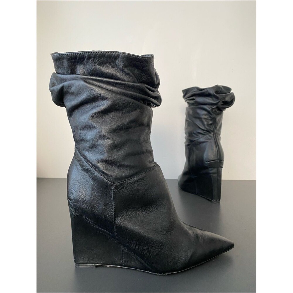 SCHUTZ Black Slouch Wedge Ankle Boots Pointed Toe US 8 Edgy Chic Contemporary